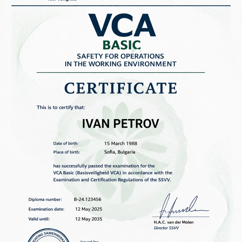 Сертифікат VCA для роботи в Бельгії та Нідерландах